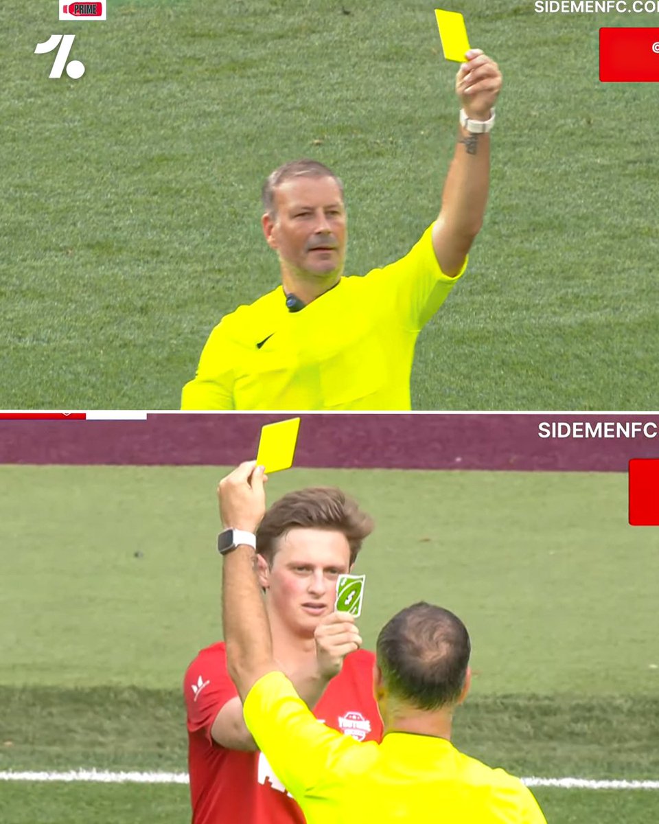 OneFootball's tweet photo. 🟨 @max_fosh really hit legendary referee Mark Clattenburg with the Uno reverse card during the @Sidemen charity match 😭🔄 https://t.co/IV9rsVnQ36