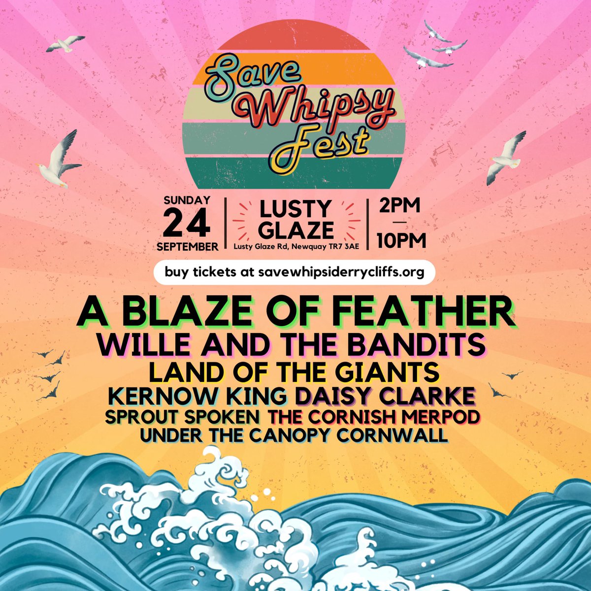 What a lineup!!! 🙌🏼 @ablazeoffeather @AndyQuickMusic @landofthegiants @LustyGlazeBeach @daisyclarkmusic @sprout_spoken @Kernow_King @cornwallwhatson Get your tickets here: savewhipsiderrycliffs.org #savewhipsiderrycliffs #Kernow #lovecornwall