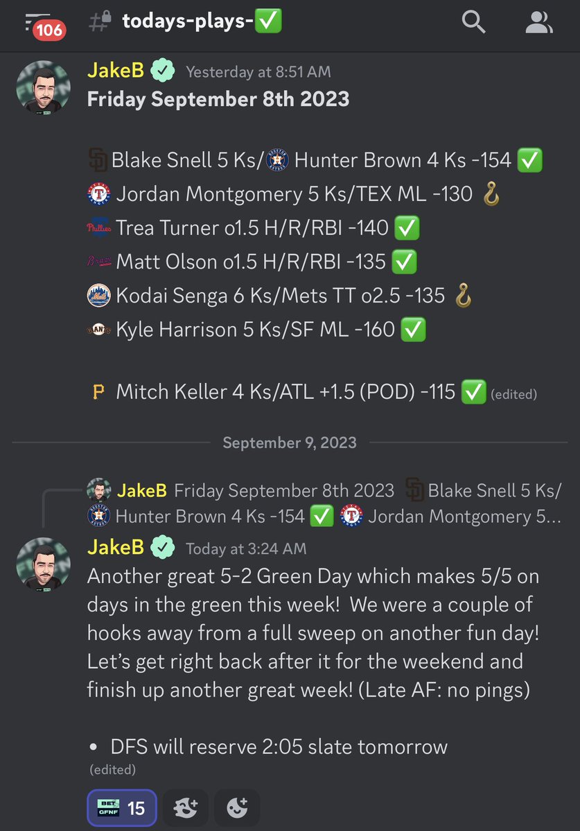 FNFcommunity_'s tweet photo. 5-2 Friday Night with a couple good ol’ hooks 🪝 

We’re heading into the weekend up BIG on the week 🔥

#dfs #sportsbettingtwitter https://t.co/Hz8TkaTddp
