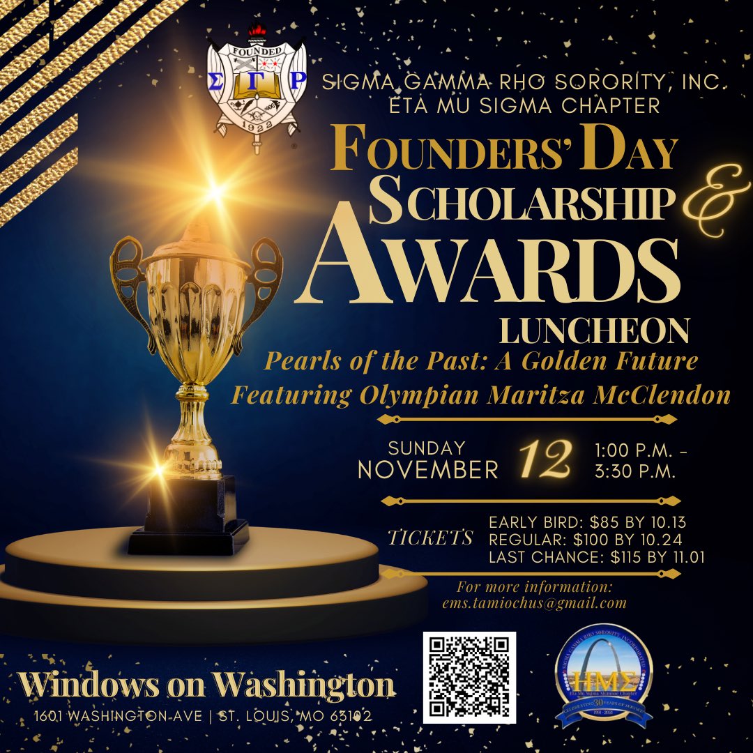 Join the Ladies of Eta Mu Sigma Alumnae Chapter of Sigma Gamma Rho for our Founders’ Day Scholarship &amp; Awards Luncheon. We’ll be joined by our very own Soror and Olympian Maritza Correia McClendon! See you at Windows on Washington on Sunday, November 12! 
eventbrite.com/e/founders-day…