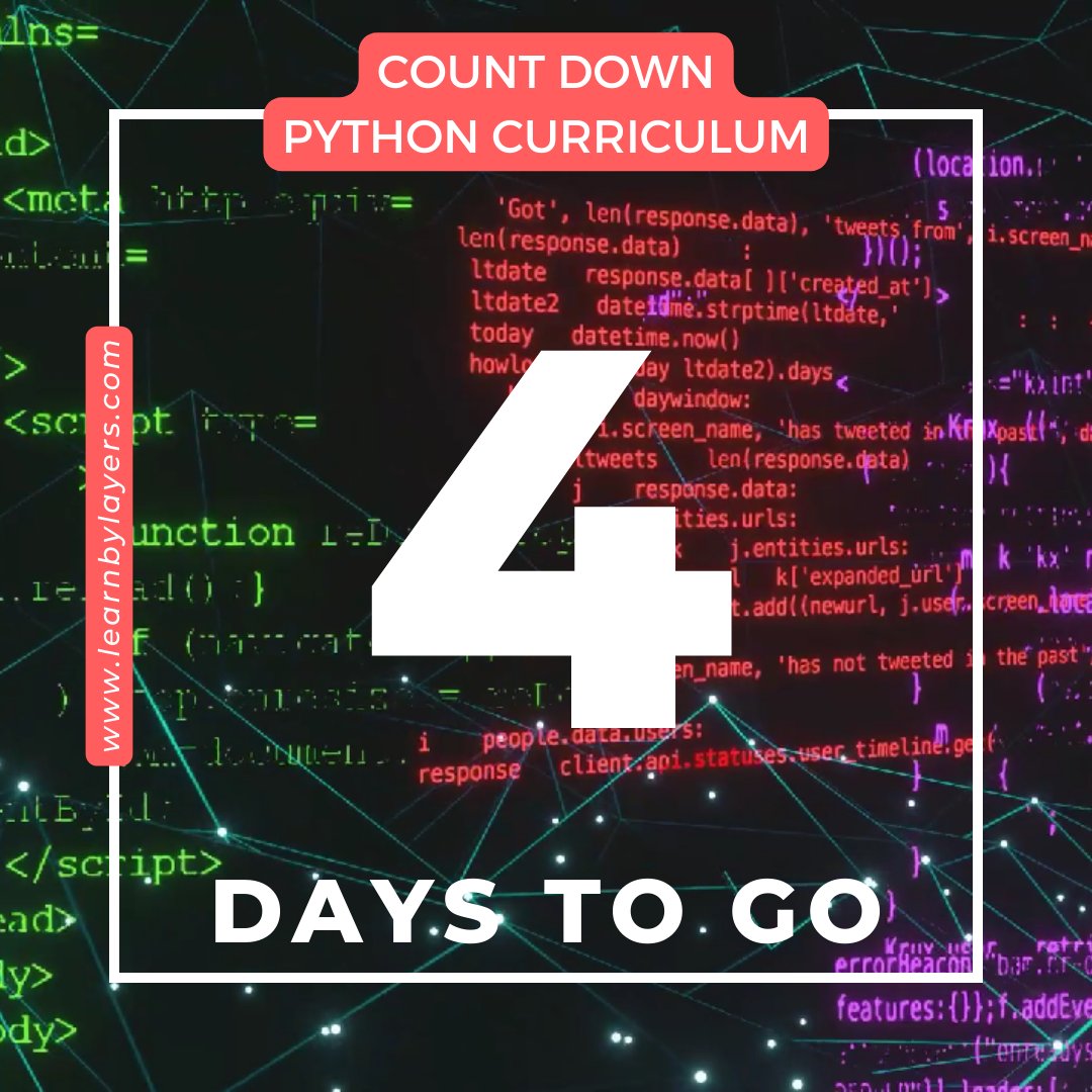 learnbylayers3D's tweet image. 4️⃣ Four days and counting! ⏳ Imagine the projects you could build and the problems you could solve with Python. Thanks to @LearnByLayers, your Python journey is about to take off. Get ready to soar! 🚀🐍 #PythonLessons #CodingSkills learnbylayers.com/python-program…
