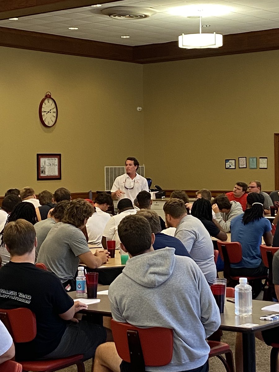 HawksFootball's tweet photo. Former Hawk and current safeties coach Karl Dorn delivered our pre-game devotion. Coach Dorn talked about how we need Jesus now. Do not wait until tomorrow or in 2 weeks. We need Jesus now.  The 2023 home opener vs Birmingham-Southern is set for a 6PM kickoff. #WHOOP https://t.co/N9eeLXG48U