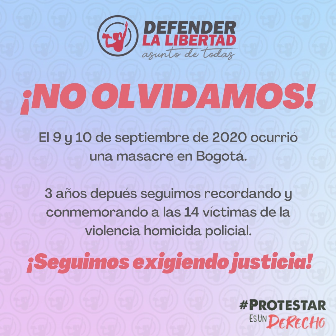 📌 Hace tres años ocurrió una masacre en Bogotá, cometida presuntamente por agentes de la Policía Nacional en inmediaciones a varios CAI. Hoy y mañana estaremos reunidas✊ en varios puntos de la ciudad recordando y conmemorando a  las 14 víctimas de la violencia policial.