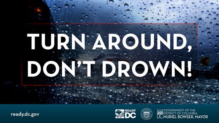 9/09 (3:06 PM): ⚠️ A Flood Watch has been issued for DC from 3 PM until 12 midnight. 

Turn around, don't drown! Just 6 inches of moving water can knock you down, and 1 foot of moving water can sweep your vehicle away. 

Visit bit.ly/3CDwlW1 for flood safety tips.