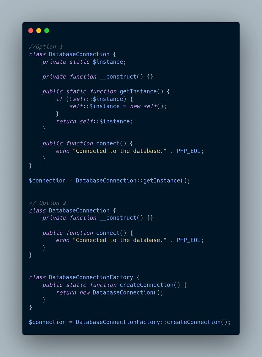 ccmiller2018's tweet image. Singletons may lead to tight coupling.
Evaluate if they're truly necessary for the intended use case, or whether there's a more appropriate option. you might want to consider a factory instead!
which would you choose? 1 or 2?
#ReadableCode #DesignPattern