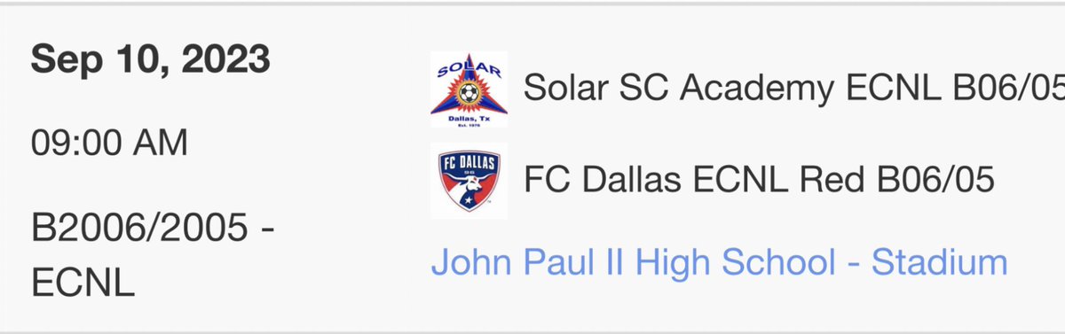 See you in the morning for U19 FC Dallas 05/06 Cantor ECNL vs Academy Solar ECNL. 9:00 AM.  High level competition at a fast pace. <a href="/FCDallasYouth/">FC Dallas Youth</a> <a href="/Jobani_Chavez/">Jobani A. Chavez</a> <a href="/parkerkelsey05/">Parker Kelsey</a> come see our last year of development push before we go to the next level. <a href="/LibertyMSoccer/">Liberty Men's Soccer</a>