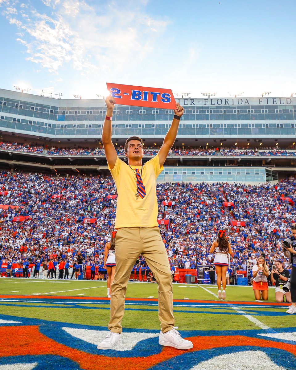 FloridaGators's tweet photo. First Honorary Mr. Two Bits of ‘23! 

National Champion @FredBiondi 🧡💙

#GoGators | @GatorsGolf https://t.co/JDGAo1jGIf