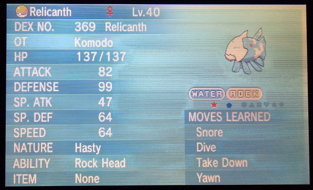 KomodoLord's tweet image. Yoooo!!! 😍😍

✨️ 139 dexnav encounters - was actually well over 1000, but the 3DS kept dying so the counter would restart 😅🤦‍♂️✨️

Both Relicanth shinies caught

#ShinyPokemon
#ShinyMasterDex 1246/1364
#PokemonOmegaRuby