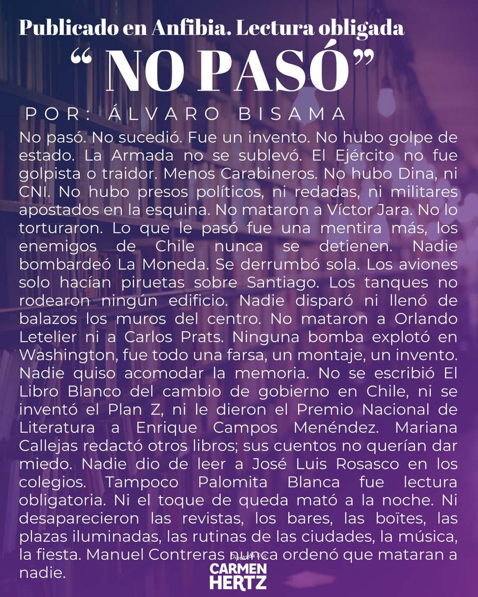 carmen_hertz's tweet photo. NO PASÓ. “No mataron a Orlando Letelier ni Carlos Prats, no asesinaron a Víctor Jara, La Moneda se derrumbó sola…” les recomiendo leerlo 🤓 https://t.co/Hhq77ynTbm