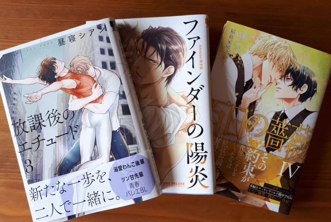 ファインダーシリーズと百日の薔薇と放課後のエチュード、推し商業びーえるの最新刊揃ったー💕なんという贅沢🙏🙏仕事のお昼休みに一気読みする!! 