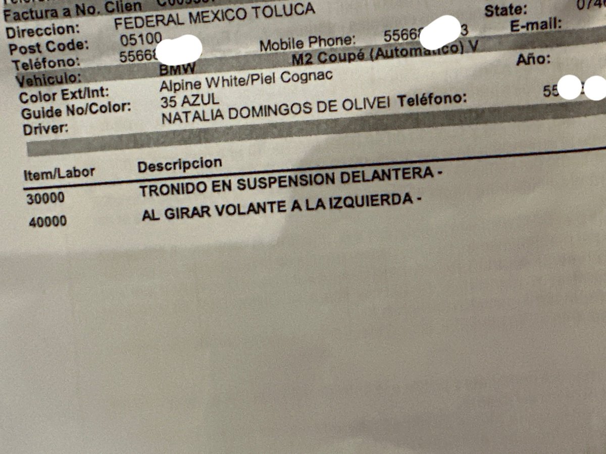 cuartodemillamx's tweet photo. Hola, buen día soy Ricardo Martínez .
Adquiri un vehículo bmw #m2 2024 de contado en #cever #santafe con el #vendedor #Roberto #Martínez que sube muchis videos en tik tok el trato lo cerre por teléfono le transferí un viernes me dijo el miércoles ven oor tu coche llegue me aventaron las llaves la factura y adiós.
Desde el momento q recibí el auto al girar la dirección tronaba la dirección lo q me dijeron era normal por el peso, sin embargo cada vez fue siendo mas grave. Al llevarlo a servicio y ya contactar con Jordi marin director de la agencia y también con servicio se me indico el vehículo no se podía mover y la pieza tardaría unas tres semanas ya pasearon 4 meses y nada me he cansado de llamar a #BMW México de escribir al director de decirles de todo y sin respuesta alguna solo que la pieza esta pedida. primero se me dijo no usar el coche luego que su usará el coche pero truena mucho.
Ya no hayo que mas hacer te mandare video del tronido del auto y aquí las hojas ahi es cuando se paga el vehículo desde el 30 de mayo el coche solo tiene 500 km y no puedo usarlo.
HABLE CON EL DIRECTOR GRAL #BMWMÉXICO y me decian que un dia, que otro, hasta que ya no me contestaron mas
Tengo conversaciones documentos todo el coche está ahí tirado.