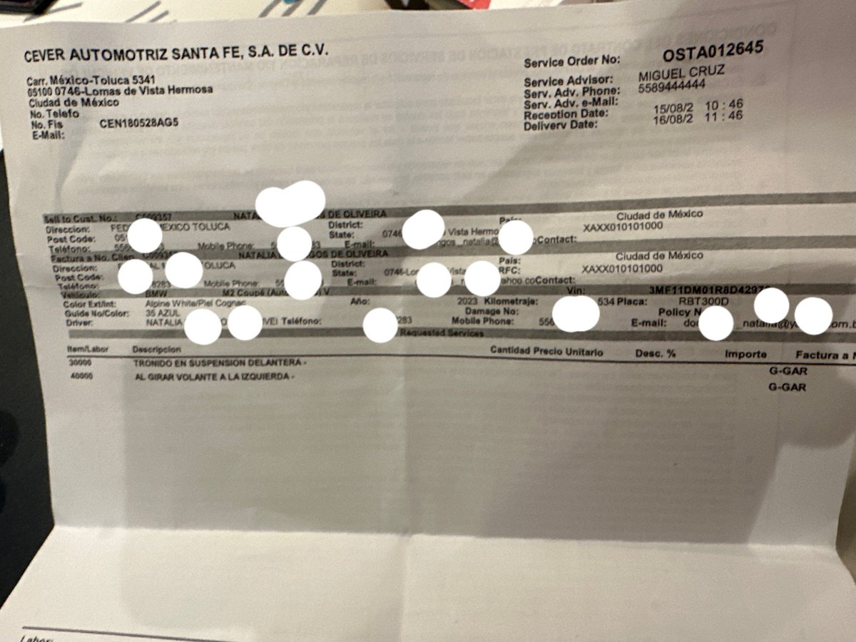 cuartodemillamx's tweet photo. Hola, buen día soy Ricardo Martínez .
Adquiri un vehículo bmw #m2 2024 de contado en #cever #santafe con el #vendedor #Roberto #Martínez que sube muchis videos en tik tok el trato lo cerre por teléfono le transferí un viernes me dijo el miércoles ven oor tu coche llegue me aventaron las llaves la factura y adiós.
Desde el momento q recibí el auto al girar la dirección tronaba la dirección lo q me dijeron era normal por el peso, sin embargo cada vez fue siendo mas grave. Al llevarlo a servicio y ya contactar con Jordi marin director de la agencia y también con servicio se me indico el vehículo no se podía mover y la pieza tardaría unas tres semanas ya pasearon 4 meses y nada me he cansado de llamar a #BMW México de escribir al director de decirles de todo y sin respuesta alguna solo que la pieza esta pedida. primero se me dijo no usar el coche luego que su usará el coche pero truena mucho.
Ya no hayo que mas hacer te mandare video del tronido del auto y aquí las hojas ahi es cuando se paga el vehículo desde el 30 de mayo el coche solo tiene 500 km y no puedo usarlo.
HABLE CON EL DIRECTOR GRAL #BMWMÉXICO y me decian que un dia, que otro, hasta que ya no me contestaron mas
Tengo conversaciones documentos todo el coche está ahí tirado.