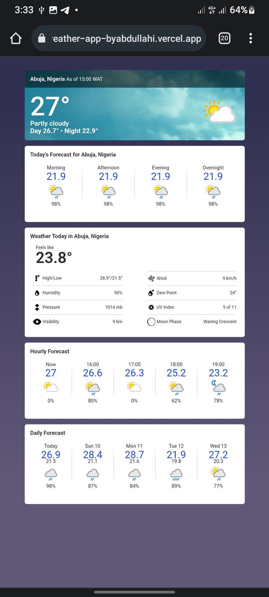 COMPLETED WEATHER APP 
You can get your location's weather condition through this app. Project URL : weather-app-byabdullahi.vercel.app

🧵