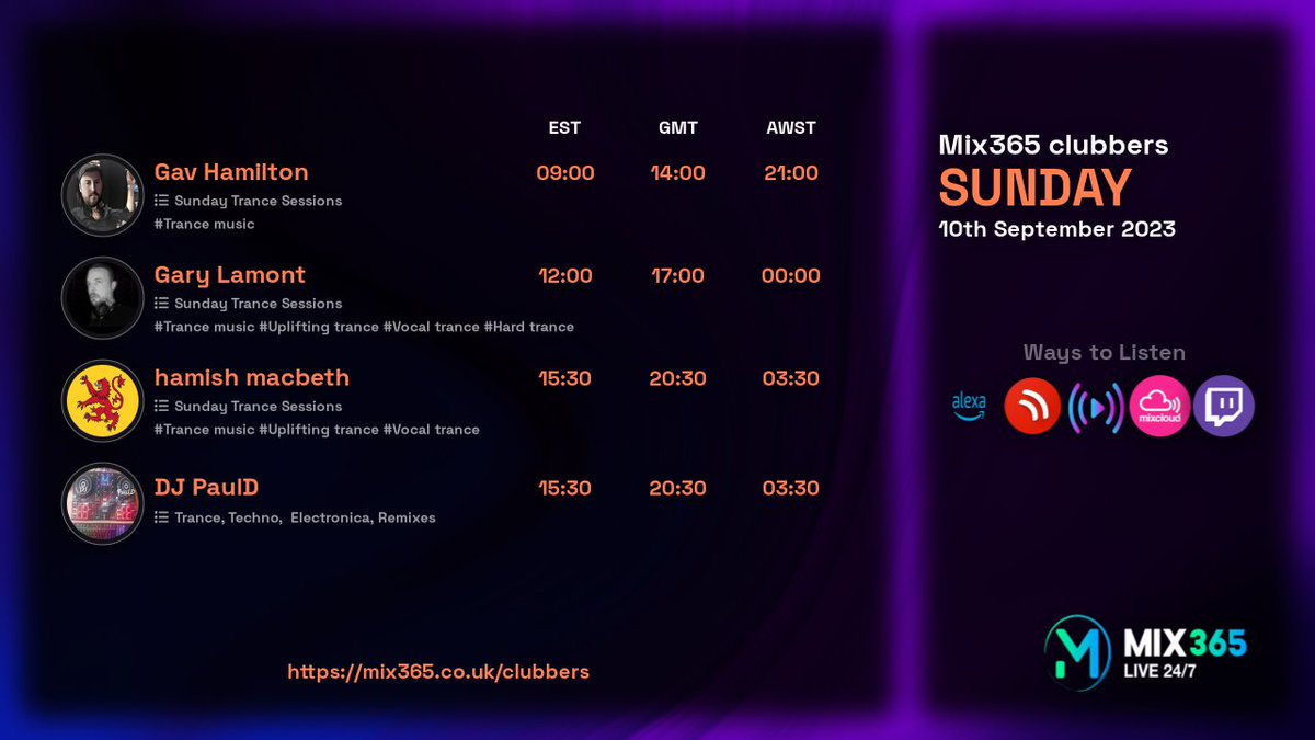 Mix365R's tweet photo. Great line up of djs tomorrow starting with gav hamilton, Sunday 10th September 2023. Catch the live streams at https://t.co/Sr8yYnDOqt

14:00 - gav hamilton

17:00 - gary lamont

20:30 - hamish macbeth

20:30 - dj pauld

#Trancemusic #Upliftingtrance #Vocaltrance #Hardtrance https://t.co/Do4nKQOOzc