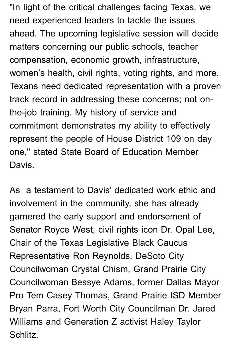 Aicha Davis, a Democratic member of the <a href="/TXSBOE/">Texas State Board of Education</a>, announces she’s running for #HD109 now that incumbent Carl Sherman is apparently running for #TXSEN. Her early endorsers include  <a href="/RoyceWestTX/">Royce West</a>, Opal Lee and <a href="/ronreynolds/">ronald reynolds</a>. #txlege