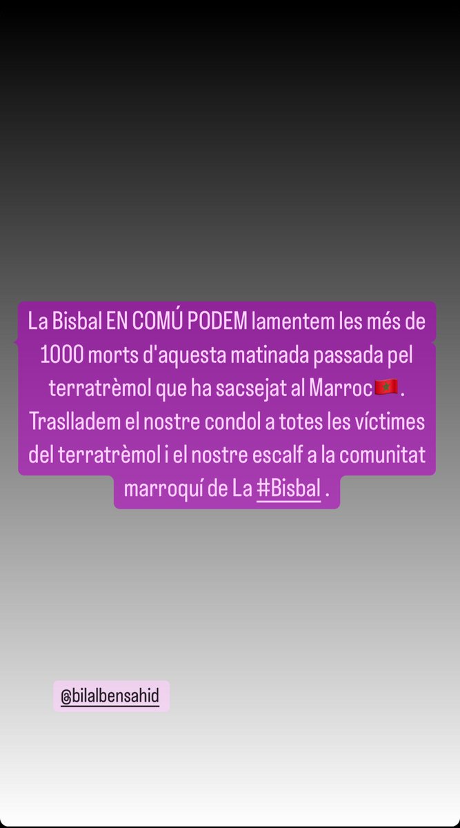 La Bisbal EN COMÚ PODEM lamentem les més de 1000 morts d'aquesta matinada passada pel terratrèmol que ha sacsejat al Marroc🇲🇦. Traslladem el nostre condol a totes les víctimes del terratrèmol i el nostre escalf a la comunitat marroquí de la Bisbal.