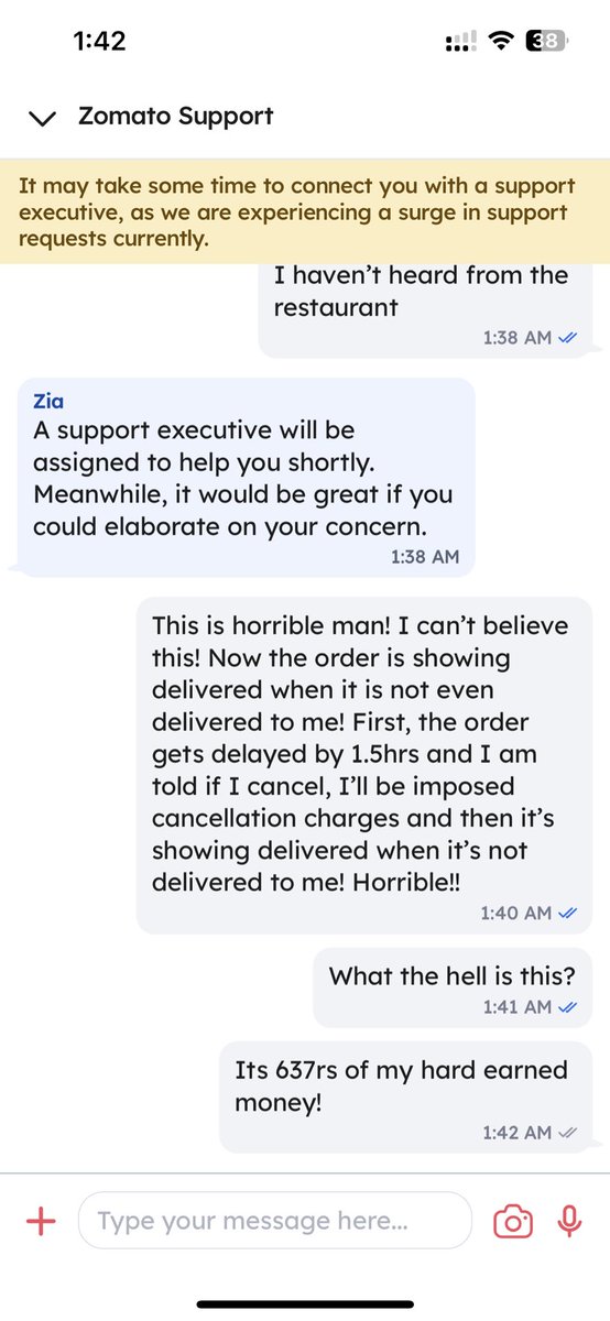 Just when I thought it couldn’t get worse @zomato @zomatocare @deepigoyal My order which got delayed 1.5hrs is now showing delivered and it’s not yet delivered to me! I misguided by customer support and now this! 637rs!!

#mislead #theft #horrible #regularcustomer #disheartened