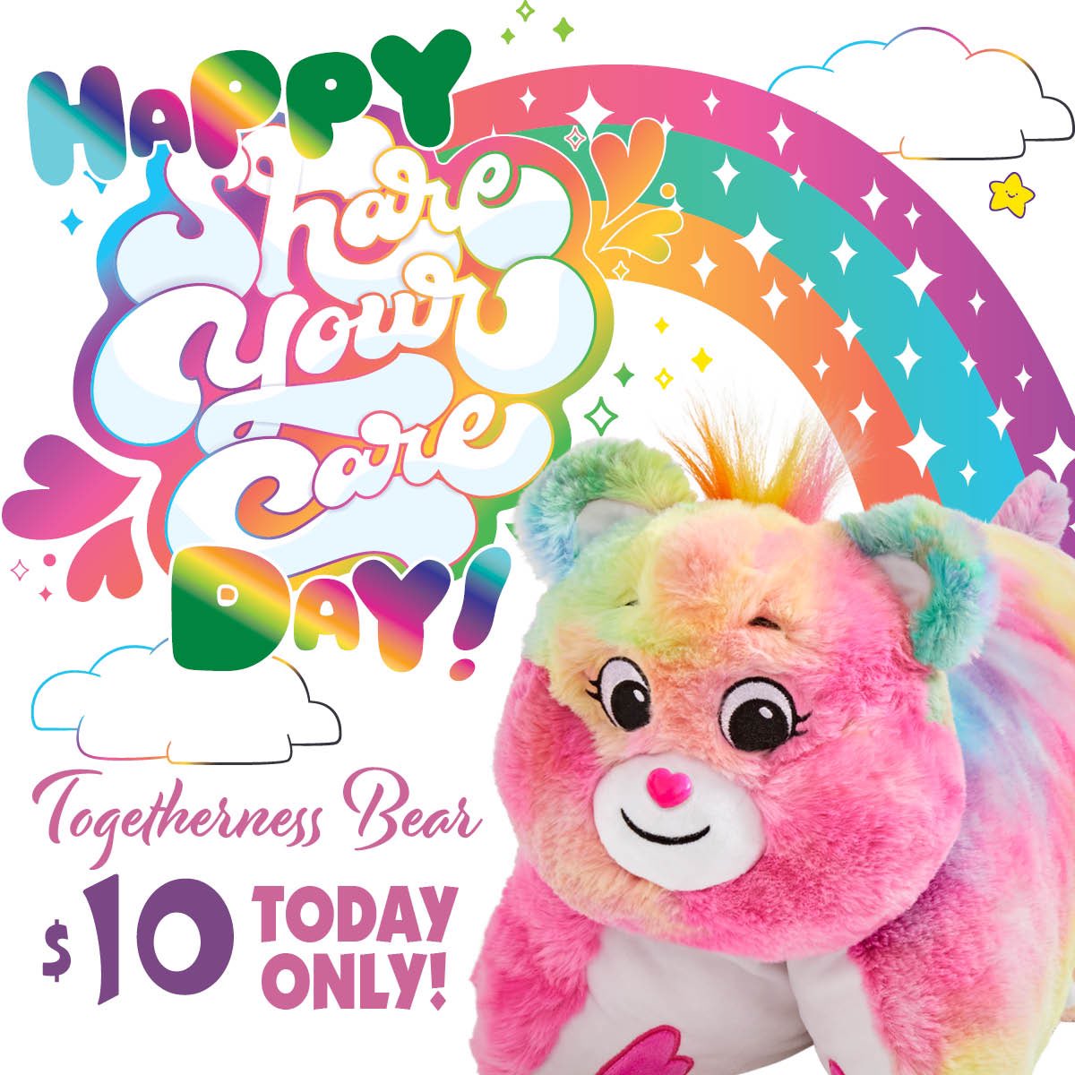 ‼️FLASH SALE‼️Happy Share your Care Day!💗🫶 🌈To celebrate this day dedicated to kindness and compassion, we are offering a one day sale on our Togetherness Bear. 🚨Today only, Togetherness Bear will be $10!🚨 #DaretoCare #ShareYourCare #ShareYourCareDay #CareBears #pillowpets