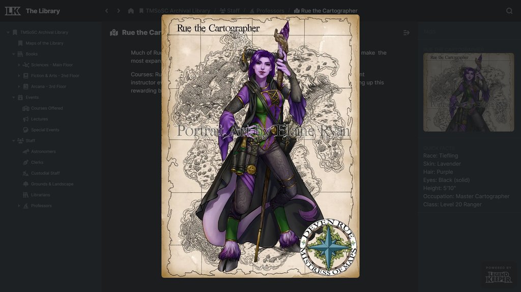 legendkeeperapp's tweet image. Our good friend, and the one and only @DevenRue, is working on a huge community project with their supporters!

Deven is building a huge library project including maps, lessons from professors like the legendary Rue the Cartographer and so much more detail! 📚️🗺️

We love it! 😍