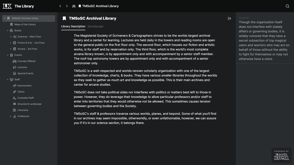 legendkeeperapp's tweet image. Our good friend, and the one and only @DevenRue, is working on a huge community project with their supporters!

Deven is building a huge library project including maps, lessons from professors like the legendary Rue the Cartographer and so much more detail! 📚️🗺️

We love it! 😍