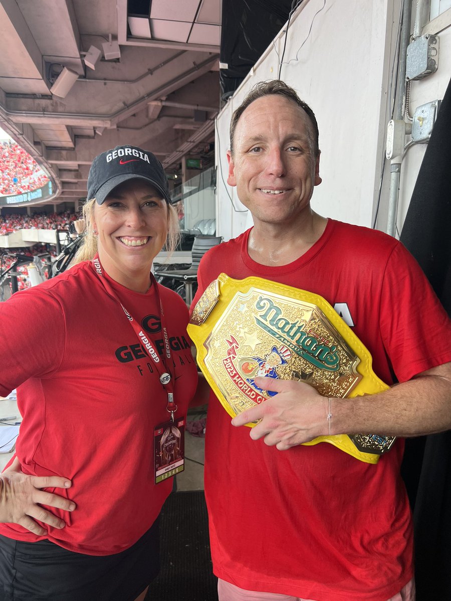 Champions hang with champions! It was awesome having <a href="/joeyjaws/">Joey Chestnut</a> Call the Dawgs today! #godawgs #dawgsontop