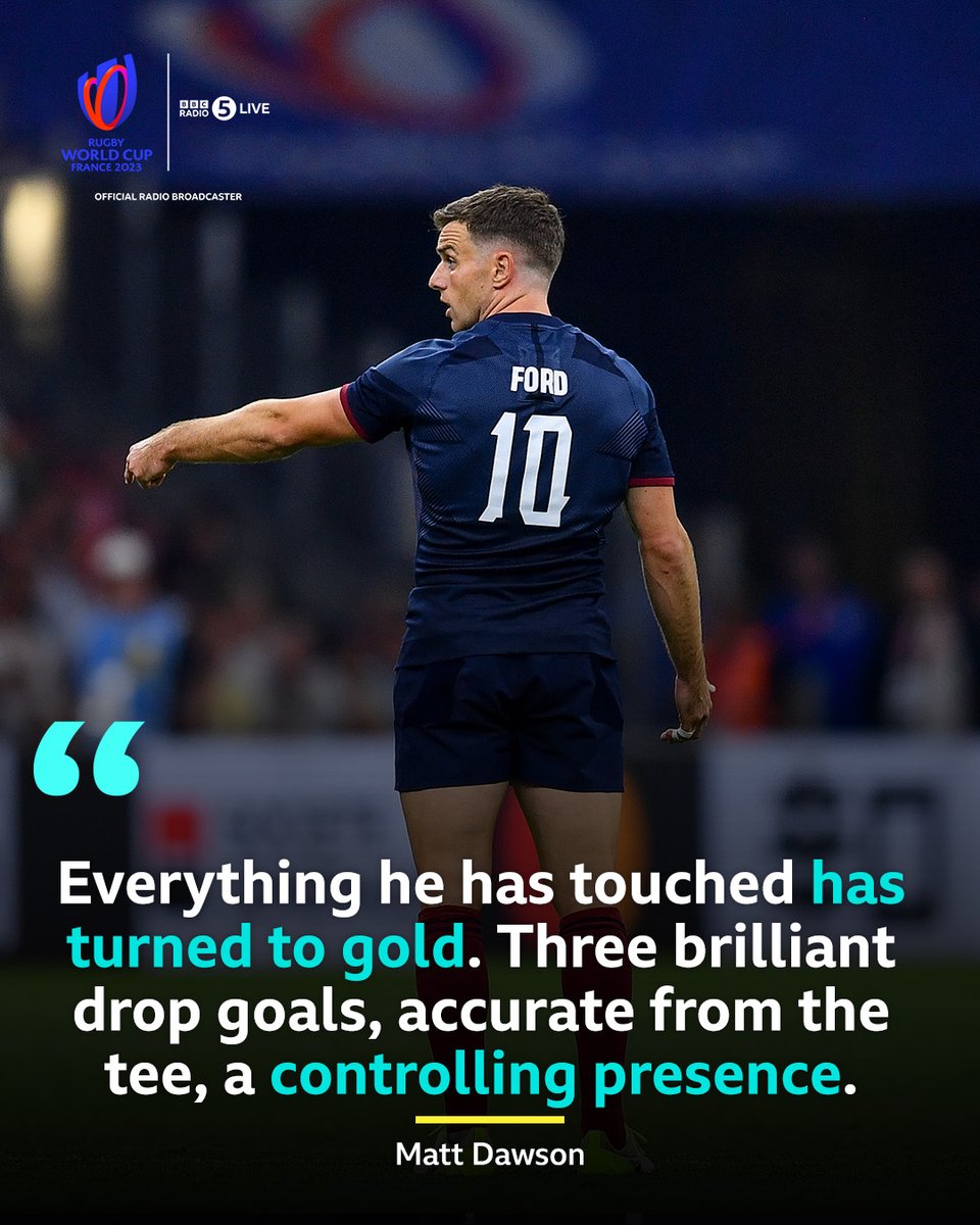 5liveSport's tweet photo. England win their first game of the World Cup, and have one man to thank for it...

"One of the great performances in World Cup history by an England player." 🗣️ @chjones9 

George Ford, take a bow 🙌

FT: 🏴󠁧󠁢󠁥󠁮󠁧󠁿 27-10 🇦🇷 

#BBCRugby #RWC2023 #ENGvARG https://t.co/HA4lfu4KfR