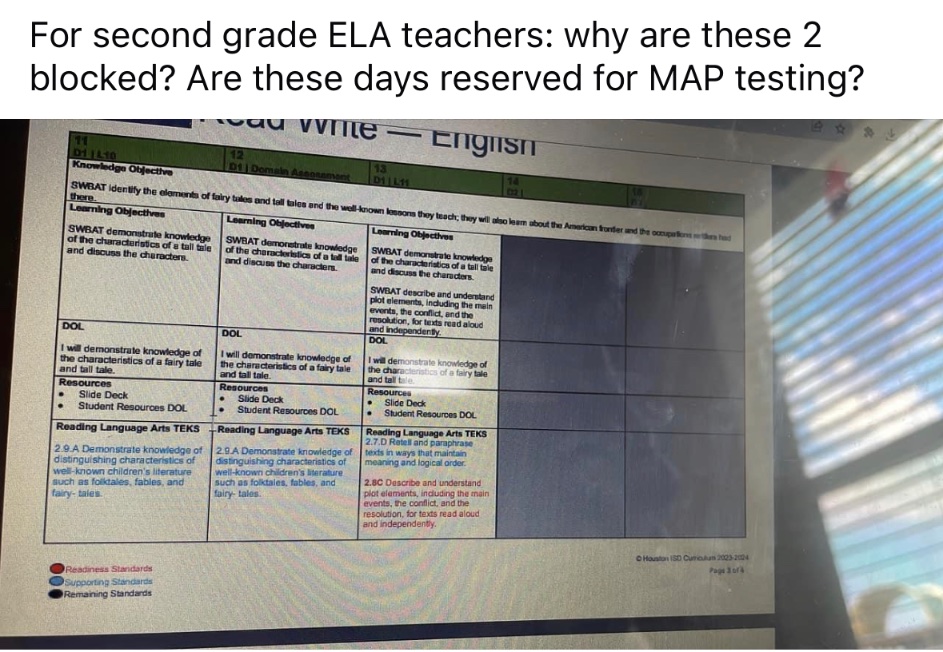 hisdmilesbehind's tweet photo. @liljeannie1966 @houston_tsta Not only that. Teachers keep complaining about ELA. Those Curriculum Maps are a joke too, they look like a bad lesson plan and there’s a lack of clarity. What’s next? No one knows. In the history of HISD, Curriculum Maps, Calendar, and Scope &amp; Sequence were ready since August. https://t.co/z0hjJtVErH
