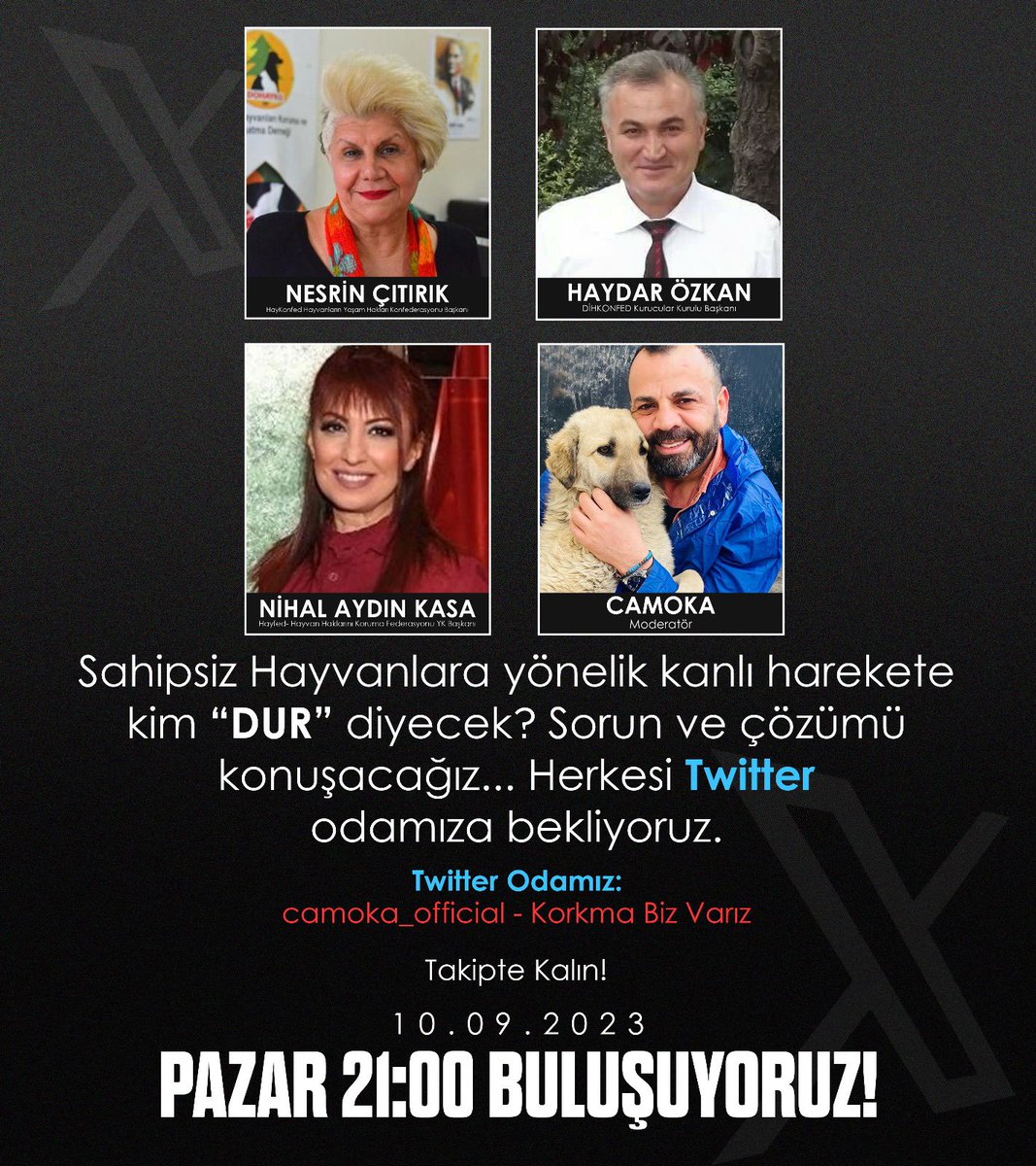 10 Eylül 2023 Pazar günü saat 21:00’da TWİTTİR sohbet odasında “Sokak Hayvanları Hakkında Sorun ve Çözüm Önerilerini” konuşacağız. Sizleride bekliyoruz.