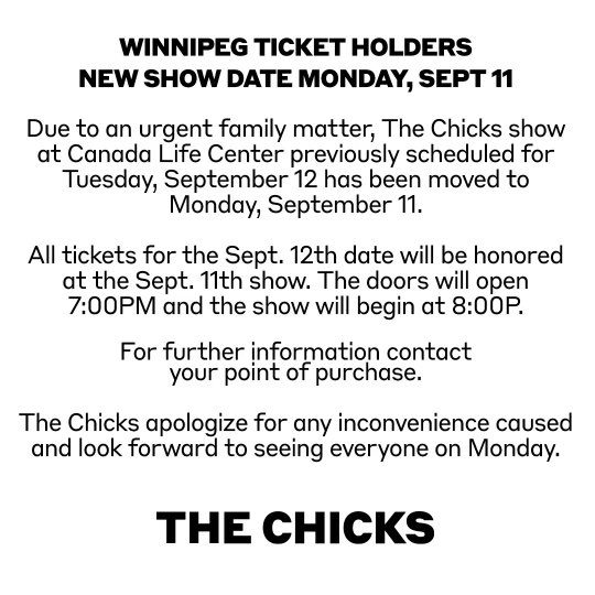 Please read below for an important update on The Chicks at Canada Life Centre.