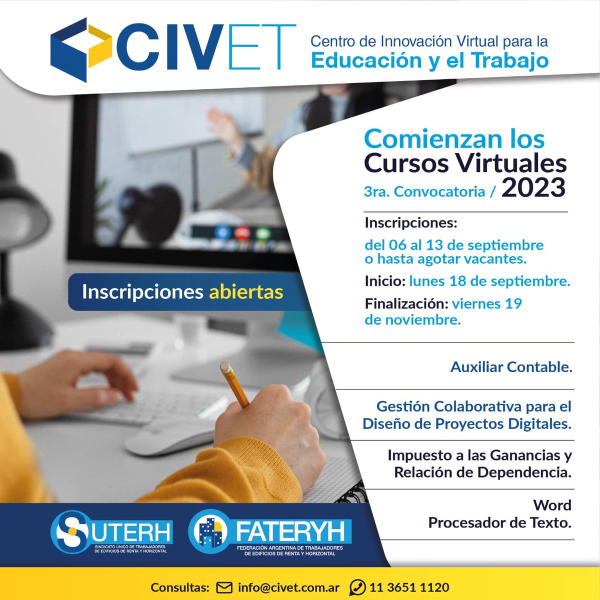civeteducacion's tweet photo. 3ra convocatoria de los cursos del Civet 2023! 👩🏽‍🏫🧑🏽‍🏫Gratuitos y completamente virtuales! 🖊️Inscripciones del 6 al 13 de septiembre o hasta agotar vacantes desde el link de la biografía de Instagram de civet_suterh. ➡️ Más info al 1136511120 (Whatsapp) o a info@civet.com.ar https://t.co/23L577ihgt