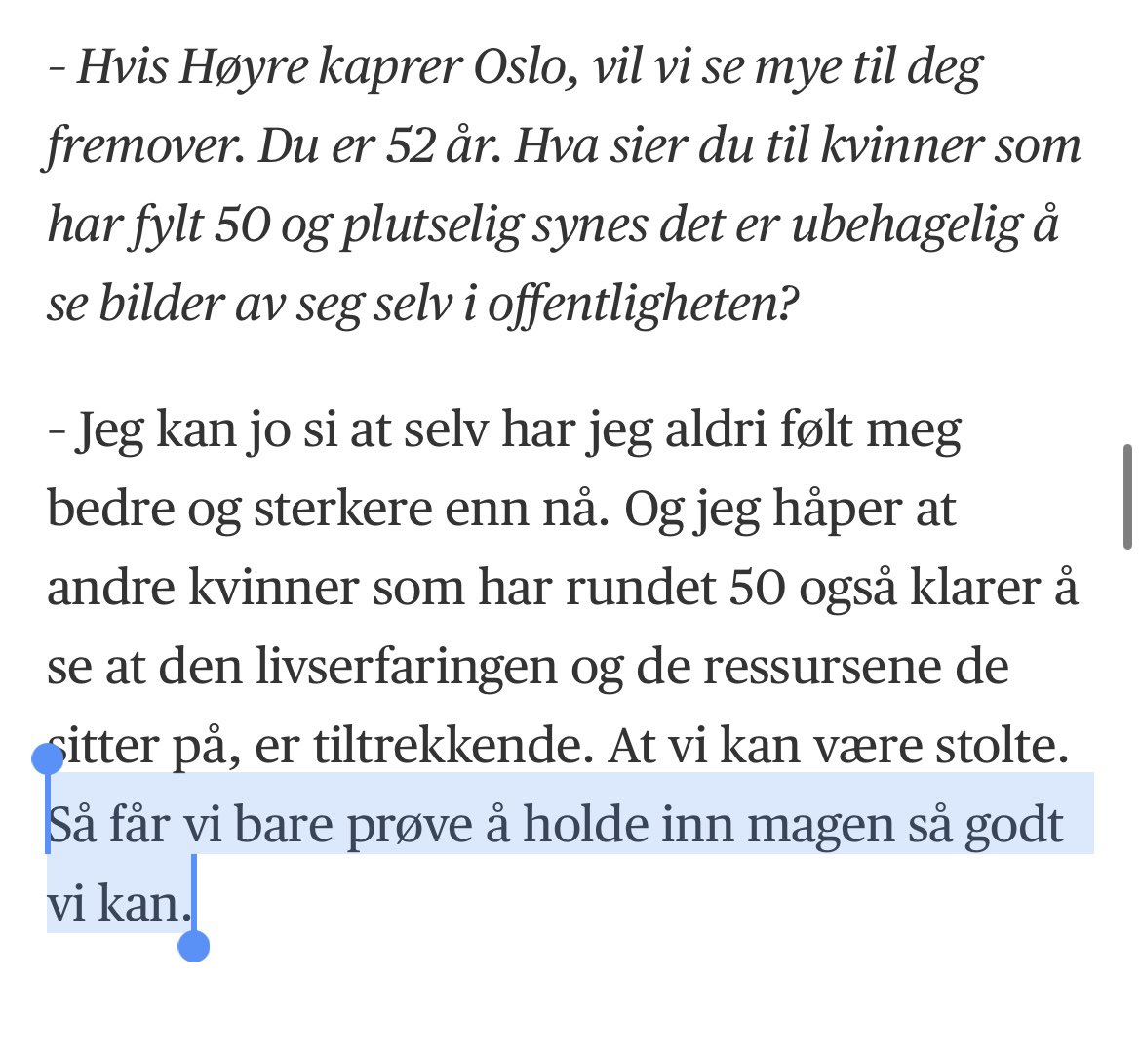 Kari Elisabeth Kaski (@kariekas) on Twitter photo Vi har beste <a href="/MarianneBorgen/">Marianne Borgen</a> og kan ende opp med en ordfører som nærmest ber kvinne 50+ om å holde inn magen så godt hun kan. Sånne forbilder trenger vi ikke.
aftenposten.no/amagasinet/i/p… Vi har beste <a href="/MarianneBorgen/">Marianne Borgen</a> og kan ende opp med en ordfører som nærmest ber kvinne 50+ om å holde inn magen så godt hun kan. Sånne forbilder trenger vi ikke.
aftenposten.no/amagasinet/i/p…