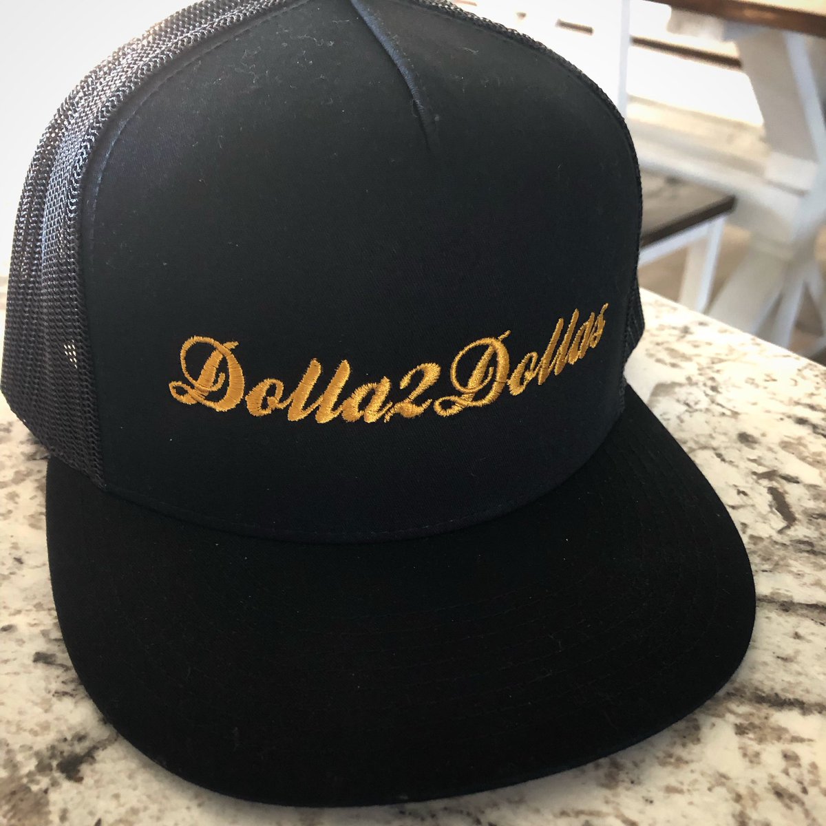 Gold on Black. 

This was my cousins idea and custom hat! Available on website!!! 

#Dolla2Dollas #CustomMade #CustomSnapback #CustomTruckerHat #FamilyTimes