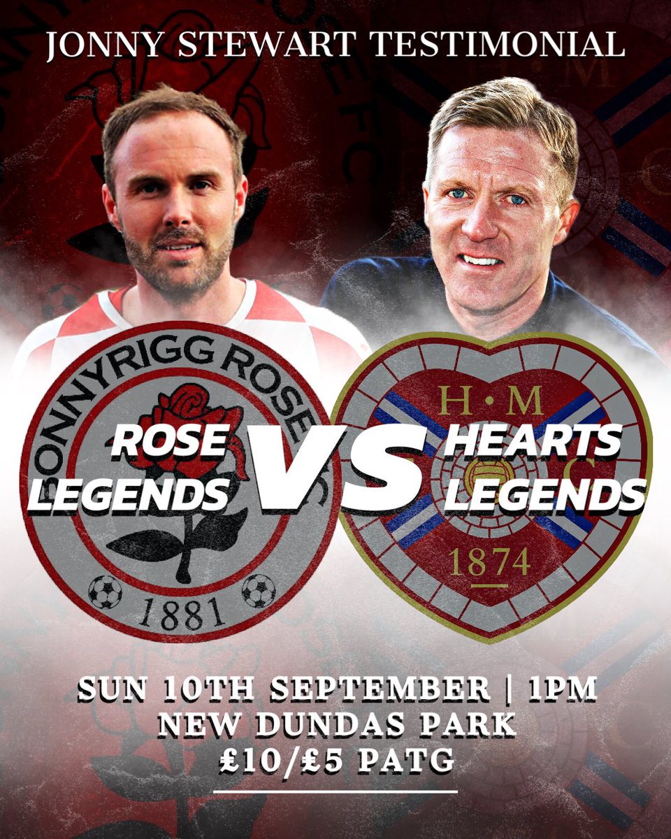 NEXT FIXTURE! 🏡
🆚Rose Legends vs <a href="/JamTarts/">Heart of Midlothian FC</a> Legends
🏆 Jonny Stewart Testimonial Match
🕐 13:00 k.o.
📍New Dundas Park
🎟️PATG - Adult £10/Conc &amp; Youths £5 (cash/card accepted)
ℹ️ Details incl squads: bit.ly/44M4D5M
#COTRL 🌹