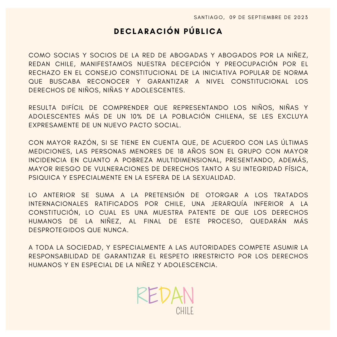 Ante la noticia de la exclusión por parte del Consejo Constitucional del reconocimiento de los derechos de niñas, niños y adolescentes a nivel constitucional. #RedanChile #NNA #derechosdelniño #Childrenrights