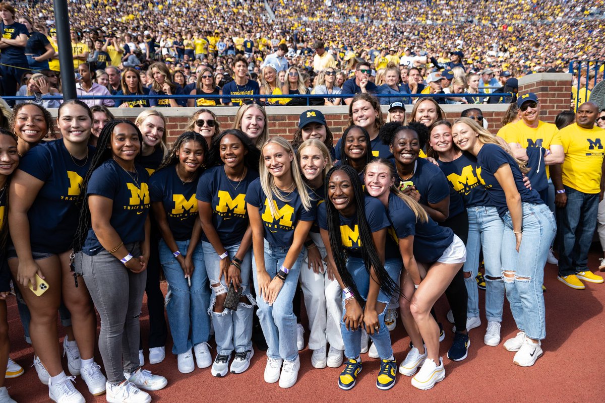 UMichTrack's tweet photo. A great day honoring the Big Ten Indoor AND Outdoor Champions at the Big House! #GoBlue https://t.co/h6hLPDddSx