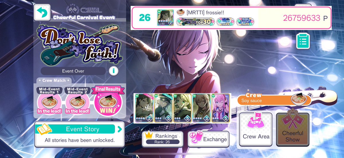 frossiekete's tweet photo. Don’t Lose Faith 🥀
Tier 26
26,759,633m pts

My first CC experience, and how fun and hectic it was. I solo tiered for most of it, and Vet rooms being down made it feel like T50 wouldnt be possible… Yet I overcame and held T30 for most of the event! OTSUCRAZY!! 🎉💜 https://t.co/QtHMsgwiHz