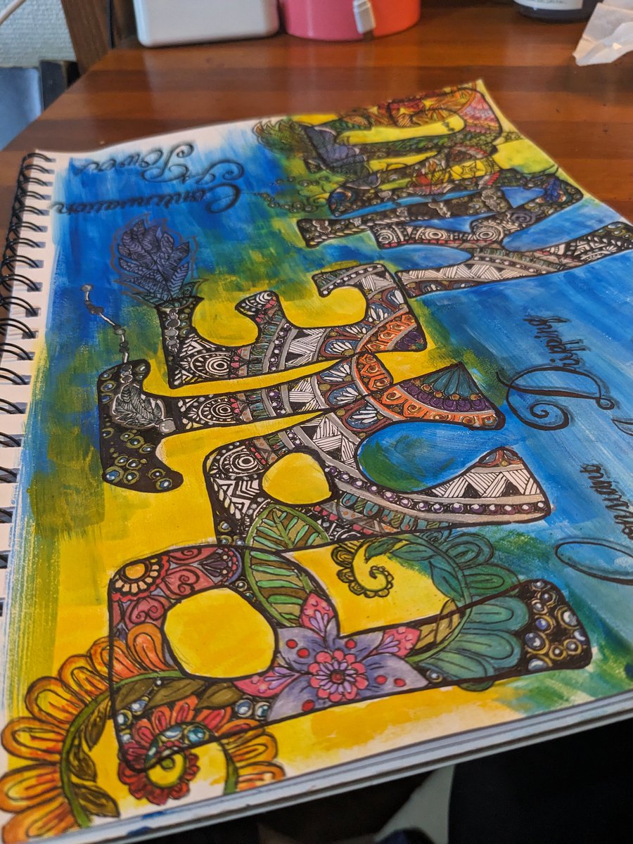 re_neor's tweet photo. 縦にするとドリームキャッチャーに見えるように描いたもんだから😅　縦にして見てもらえるように、文字も縦と横に入れて見た…
かなりガチャガチャしてる😂😂
余白をど〜しても埋めたくなる！#マンダラアート 　#ゼンタングルアート #ゼンタングル #初心者 #練習中 #独学 https://t.co/2zHVSCeRbB