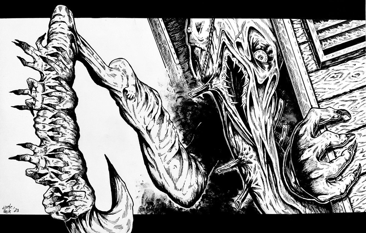 WhatPeersBack's tweet photo. Finally sat down and finished up this drawing of “The Dredge” from #deadbydaylight 

#art #illustration #pendrawing #penandink #drawing #horror #horrorillustration #comicart #gaming #videogames #dbd https://t.co/PdELpzXFXV