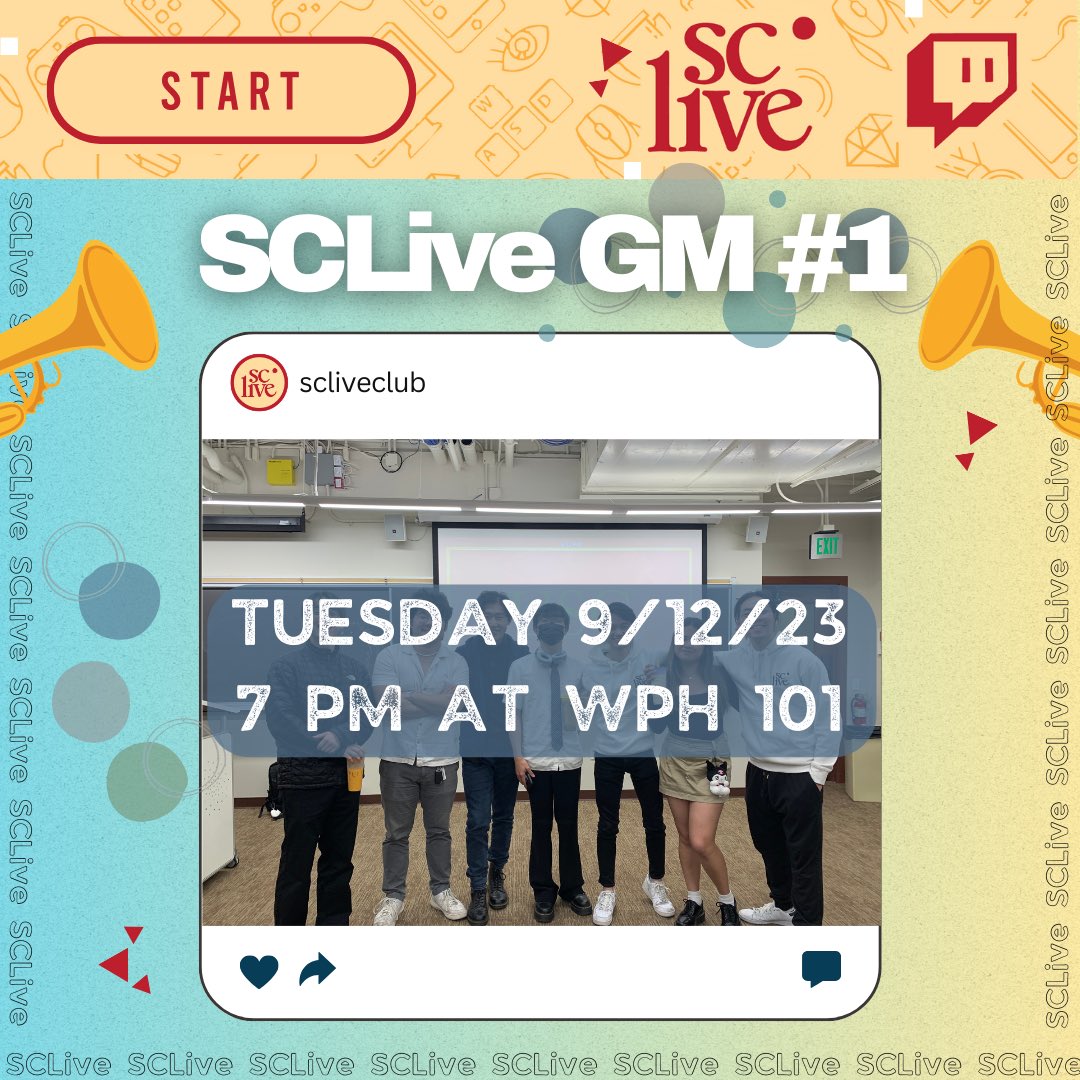 SCLiveClub's tweet photo. 📣 FIRST GENERAL MEETING OF THE YEAR ‼️🥳

Want to know what our organization is about? Maybe you are interested in the streaming ecosystem and want to learn more? Join us this Tuesday for answers and a:

RAFFLE FOR FREE TWITCHCON TICKETS! 🤩

Where: WPH 101
When: Tues (9/12) 7pm https://t.co/CAifrzVm5P