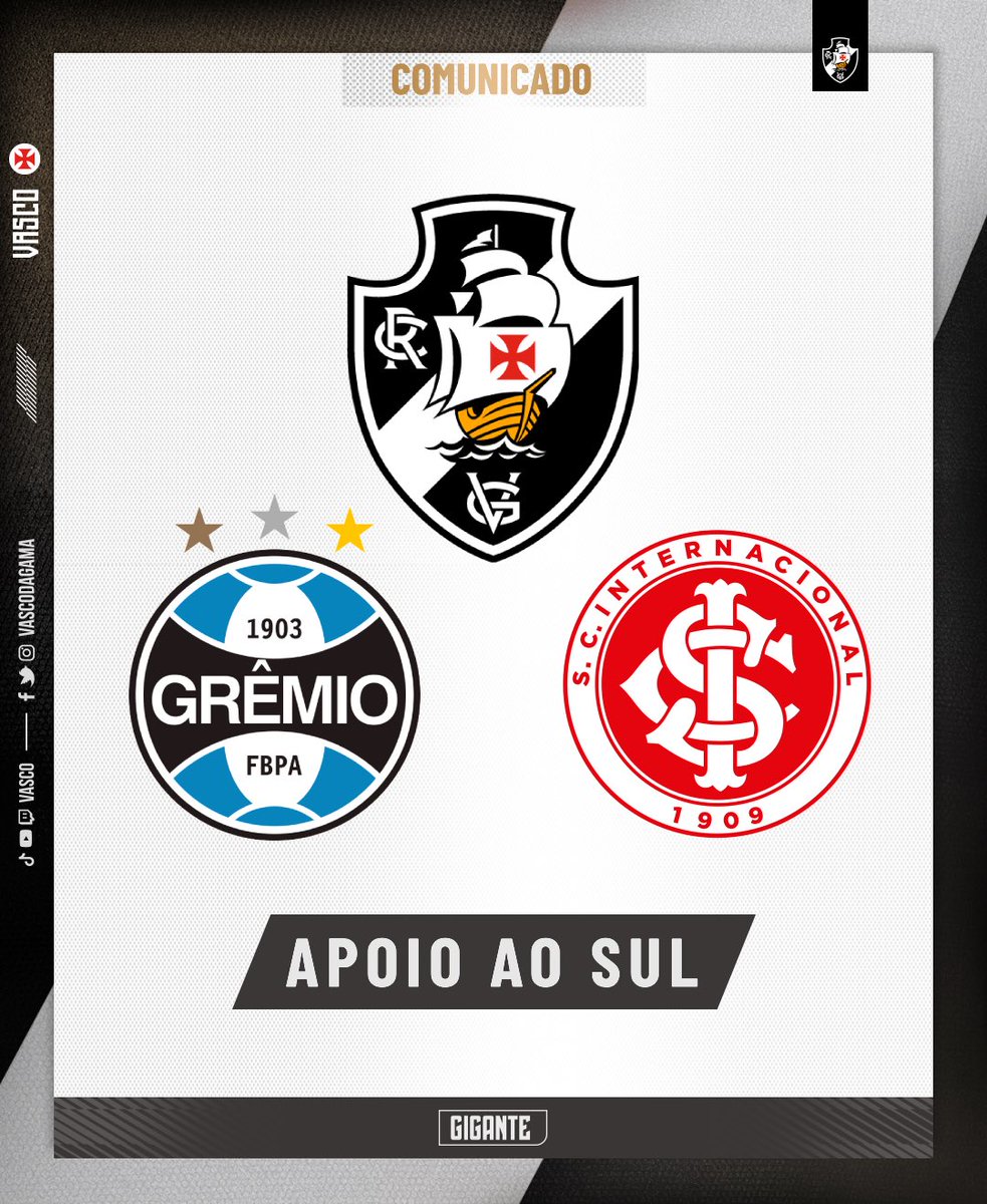 VascodaGama's tweet image. O Vasco da Gama se solidariza com as vítimas das enchentes após a passagem de ciclone no estado do RS e apoia as campanhas de @Gremio e @SCInternacional de arrecadações destinadas às cidades que precisam da ajuda de todos nós no momento. 

Os centros de arrecadação do Grêmio…