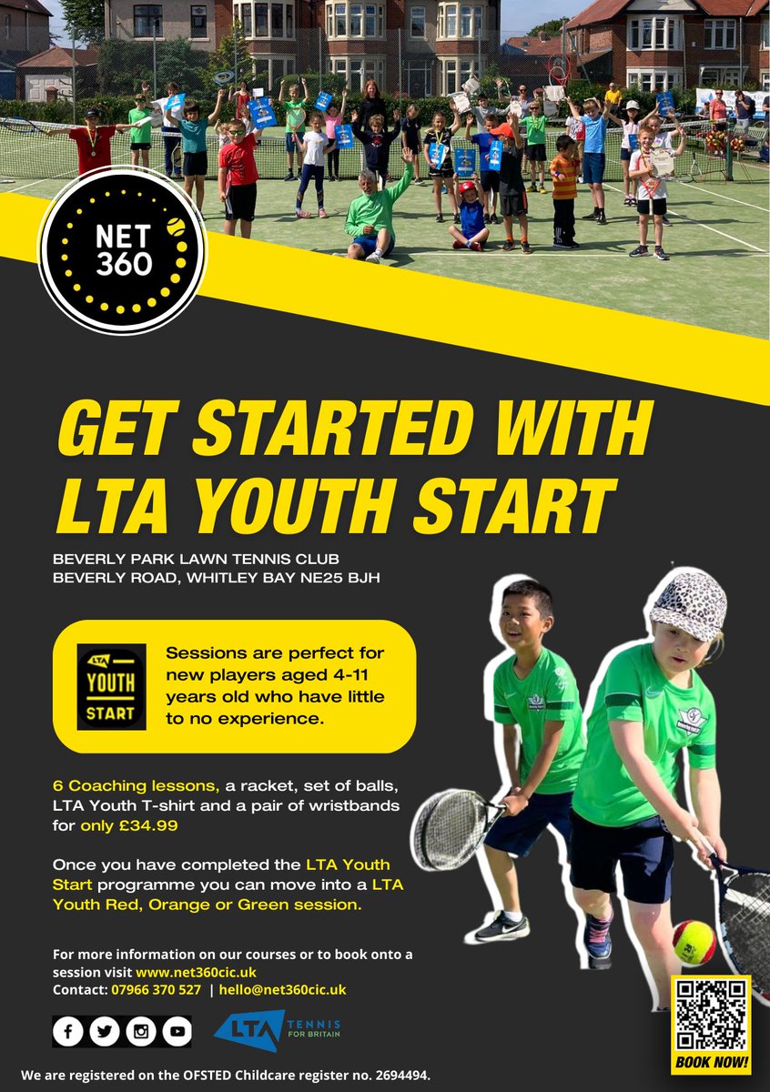 NET360CIC's tweet image. We have TWO new LTA Youth Start programmes starting this week!

As part of the programme you will get 6 coaching lessons, a FREE tennis racket, set of balls, T-shirt and wristbands😮👏🏻

This session is for children aged 4-10.

To book visit our website - clubspark.lta.org.uk/net360cic/Coac…