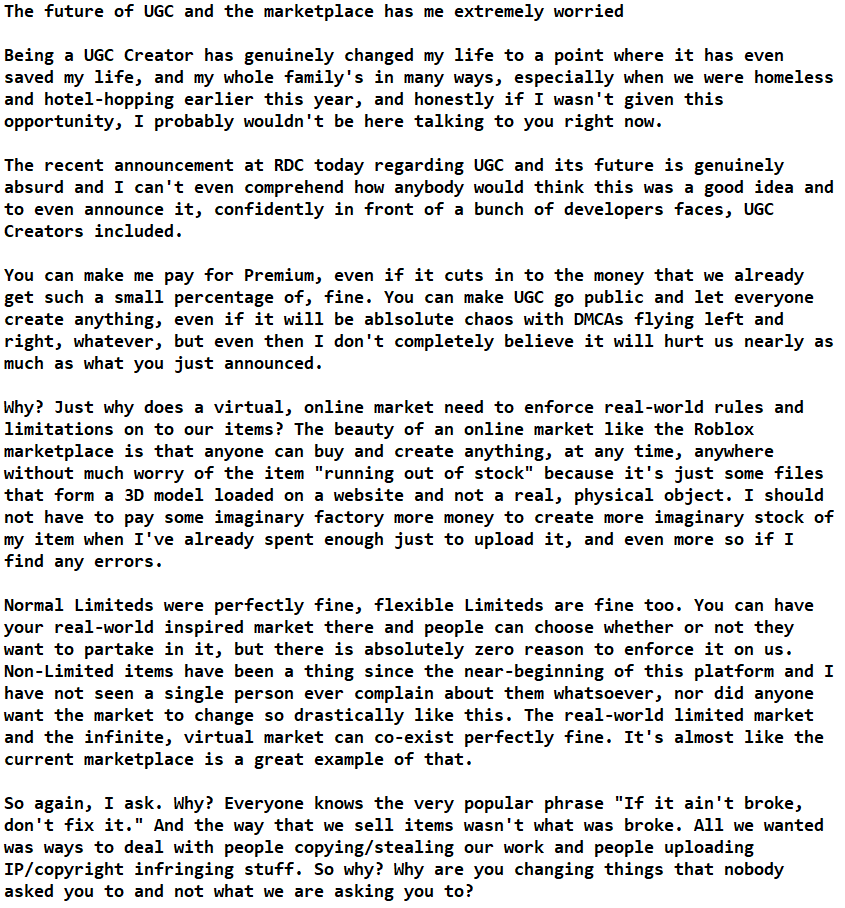 I'm sure there's people that have gone over this better than I have, and apologies for the brick wall of text, but I just wanted to give my thoughts on what was announced at RDC today regarding the future of UGC.