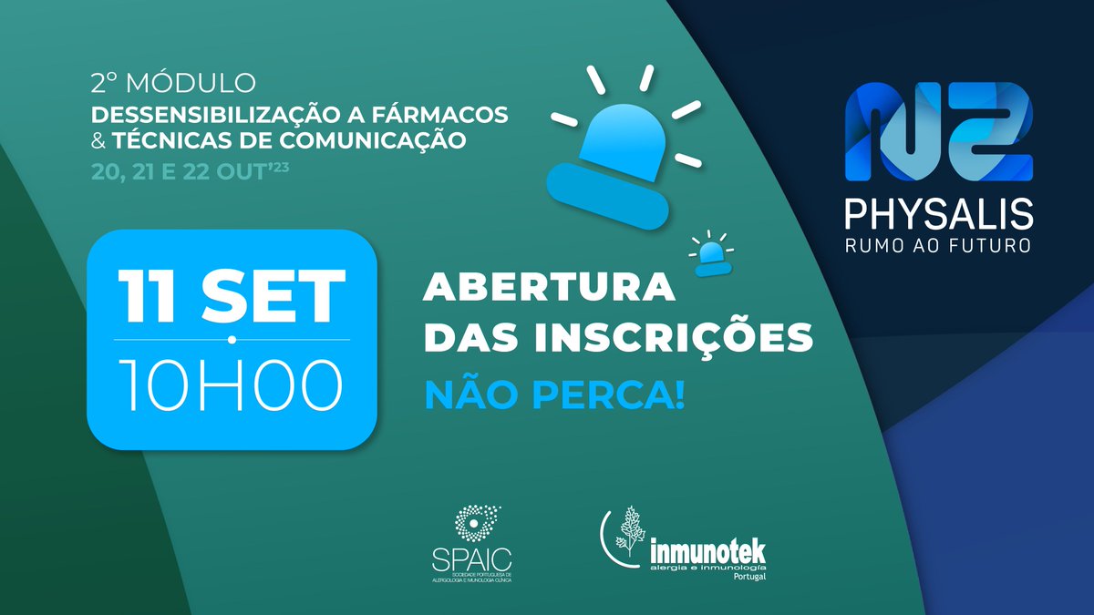 Dia 11 de setembro abrem as inscrições para o segundo módulo do programa Physalis N2, sobre "Dessensibilização a Fármacos e Técnicas de Comunicação", uma iniciativa da SPAIC, com o apoio da Inmunotek,  a decorrer nos dias 20 2 22 de outubro, em Lisboa. registo.physalis.pt.