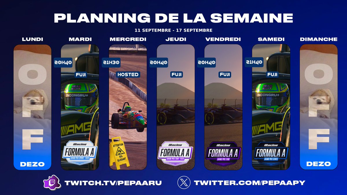 La Saison 4 est la! 

Reprise de la F1 a fond , bien reposé objectif cette saison champion! 
Mercredi hosted du lourd se prépare donc soyer la!

Bon Dimanche et bon Lundi prenez soin de vous! ♥️