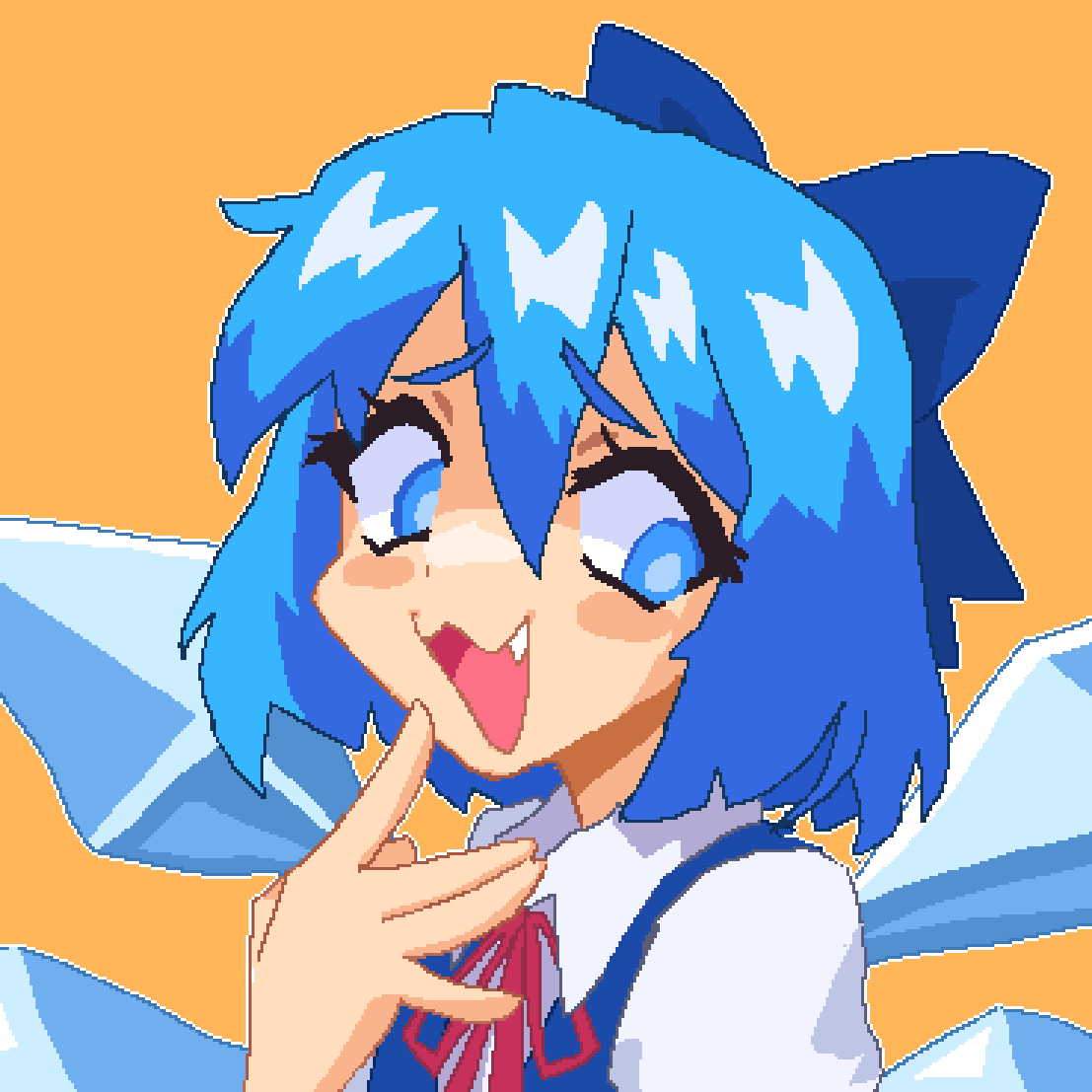 cirno 1girl solo blue hair wings blue eyes fang orange background  illustration images