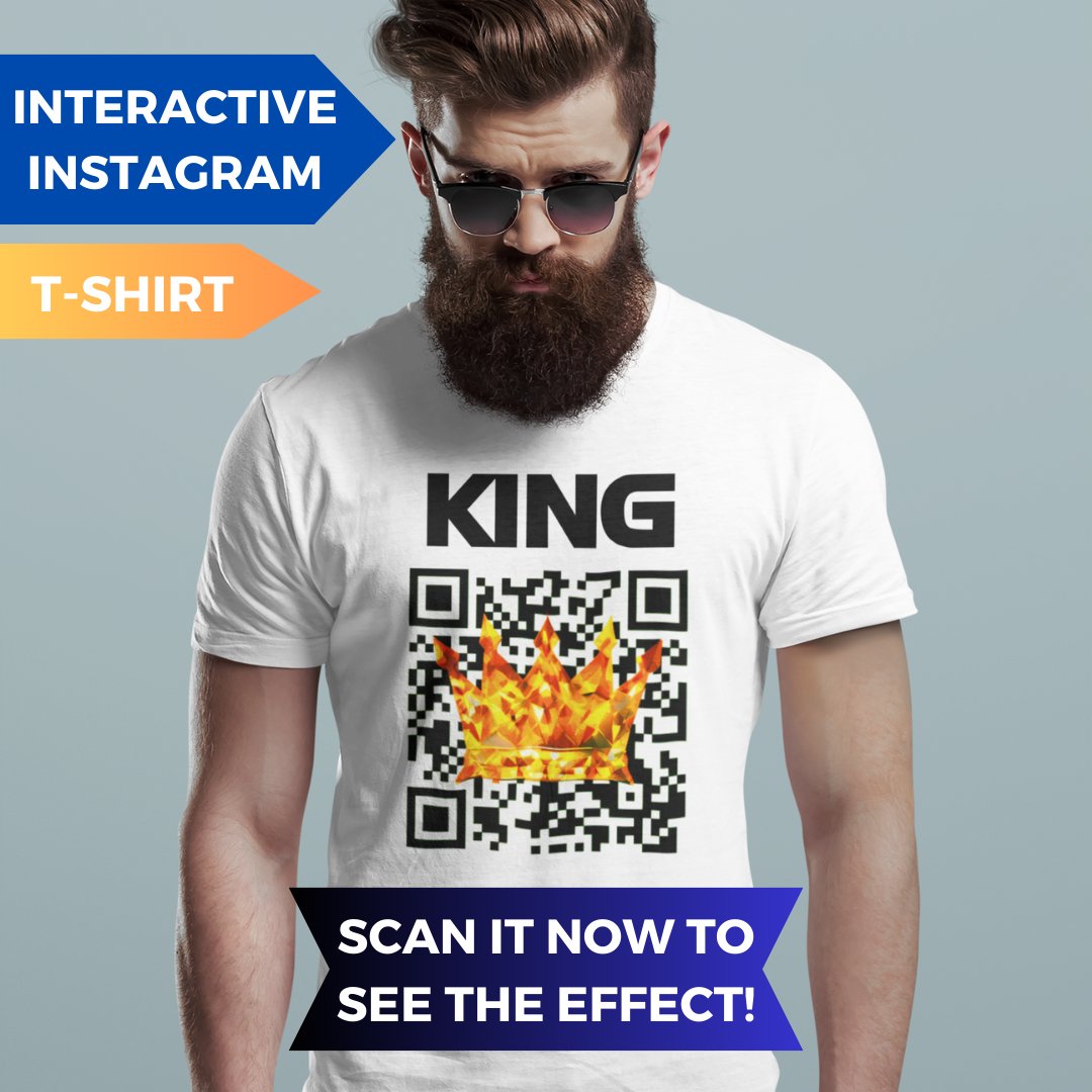 'Ready to elevate your style? 🚀 Scan the QR on our 'KING' t-shirt and dive into an exclusive Instagram effect. Shop now and be a trendsetter! #InteractiveQRTshirt #InstagramMagic #KING #TshirtOnline #TshirtFashion #TshirtShop #TshirtTrends #TshirtForSale