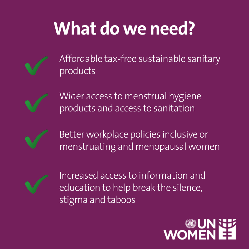 UN Women (@un_women) on Twitter photo We need:
🩸Affordable & tax-free, sustainable sanitary products.
🩸Access to menstrual hygiene management and sanitation.
🩸Policies to create period-friendly workplaces.
🩸Education to help break the stigma around periods.
Are you with us?
Via <a href="/unwomenasia/">UN Women AsiaPacific</a> We need:
🩸Affordable & tax-free, sustainable sanitary products.
🩸Access to menstrual hygiene management and sanitation.
🩸Policies to create period-friendly workplaces.
🩸Education to help break the stigma around periods.
Are you with us?
Via <a href="/unwomenasia/">UN Women AsiaPacific</a>