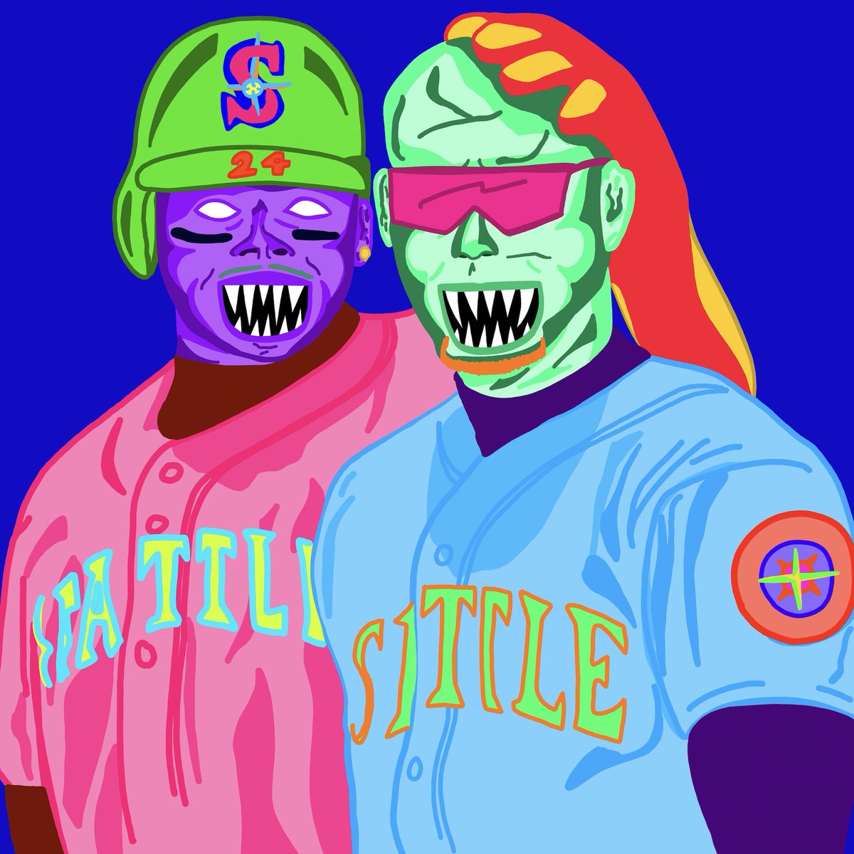 With BlenderOfZombie about to drop BOZ Card No.5 and sharing the collab card teaser, I thought it would be a good time to show the art I created. BOZ sent me his work in progress painting (his final painting turned out so rad!) of #KenGriffeyJr and #JayBuhner for me to play with.