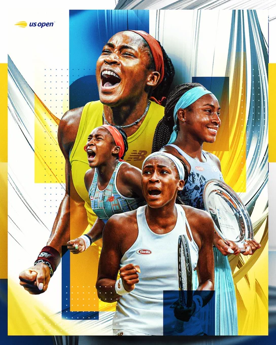 Graphic with photos of Coco Gauff from Wimbledon 2019, US Open 2019, Roland Garros 2022 and this year's US Open. 