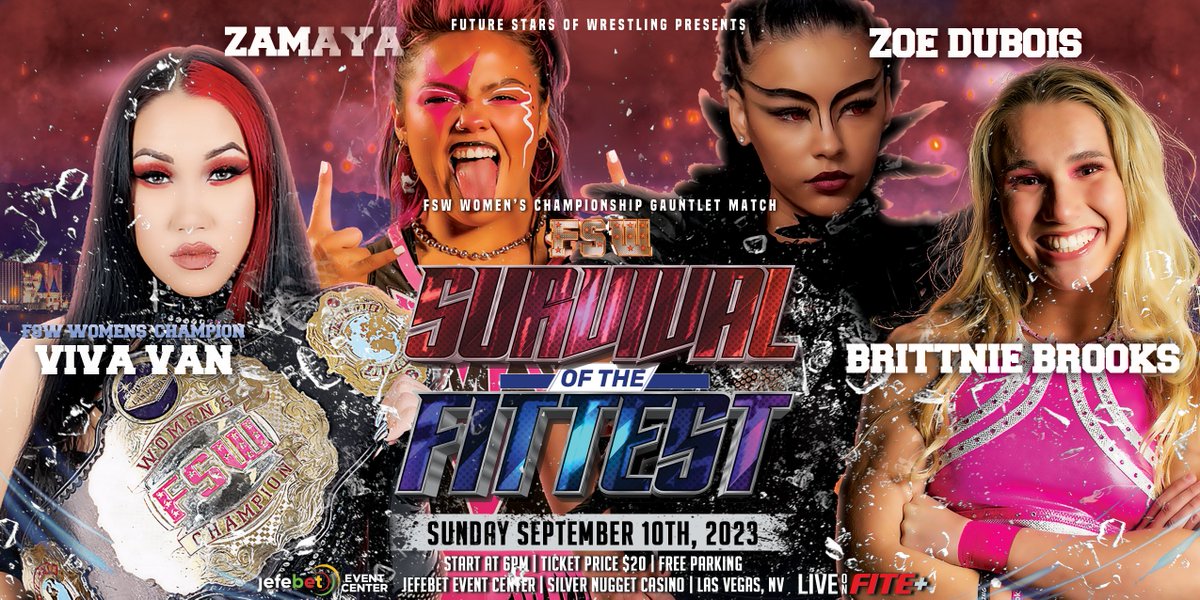 FSWVegas's tweet image. TOMORROW on @FiteTV+!  

𝙁𝙚𝙖𝙩𝙪𝙧𝙞𝙣𝙜 
-4 Way Tag Title Match 
-I Quit: Sharpe x @SuperJAYcup
-@alexhammerstone x @DannyLimeLight
-@TheJaiVidal x @niczanderyb
-Women's Title Gauntlet 
-BBC x Remy/Graves/?
-#LightsCameraFaction x BMC/EOC/BYP/TBD

🎟️: tinyurl.com/FSWtix